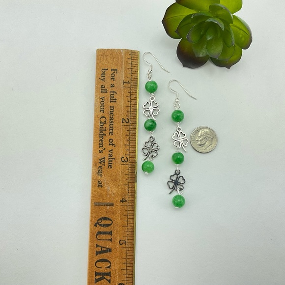 New Shamrock Dangle Earrings, Handmade, St Pats Day, Lucky Clover, Green Stone - Picture 5 of 6